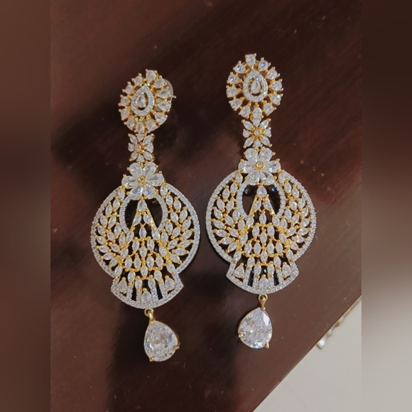 Jewelry - American Diamond Gold Toned studded Drop Earrings